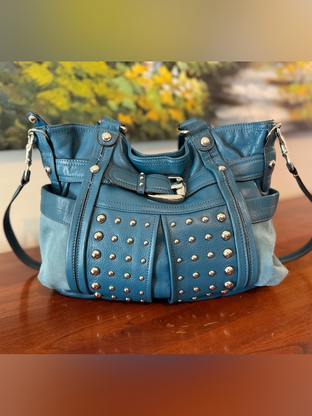 🖤 B. Makowsky Y2K Studded Leather & Suede Shoulder Bag + Matching Wallet 🤘🏻 - Picture 3 of 15